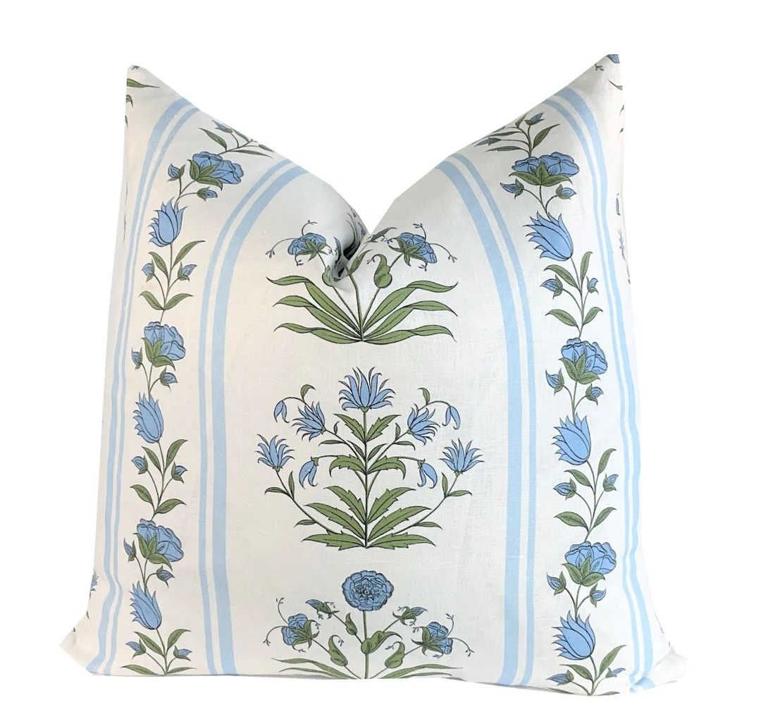 Royal Poppy Blue Floral Stripe Pillow Cover Designer 1 OR 2 Sided Schumacher Decorative Pillow Hi... | Etsy (US)