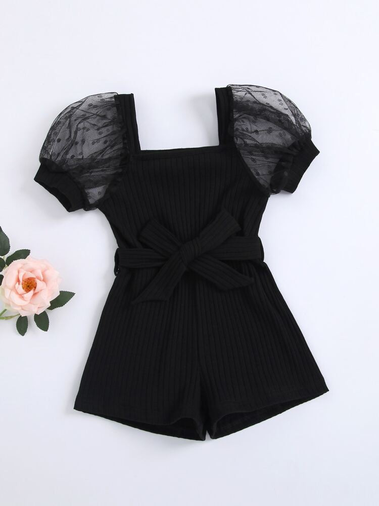 Toddler Girls Mesh Panel Rib-knit Belted Romper | SHEIN