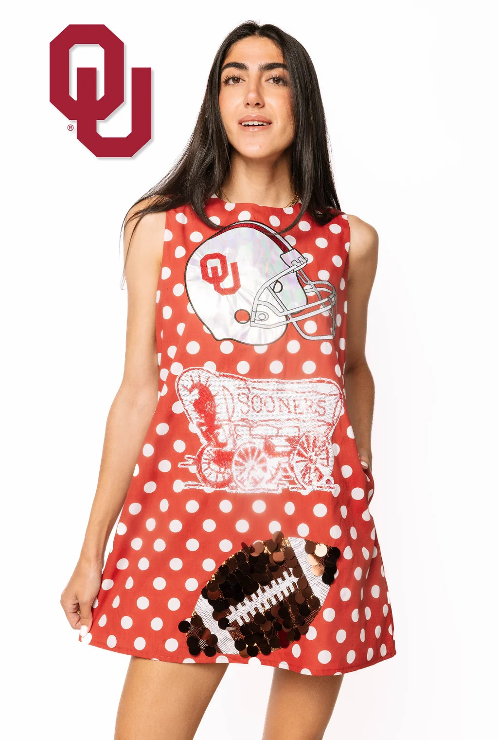 Licensed Sample Oklahoma Football & Helmet Polka Dot Tank Dress | Queen of Sparkles