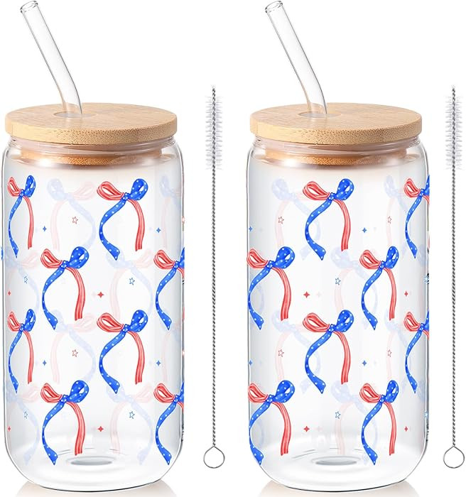 Sliner 2 Pcs Memorial Day Glass Cups Patriotic Bow Gifts Drinking Tumbler 16 oz Iced Coffee Cup w... | Amazon (US)