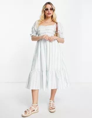 Abercrombie & Fitch puff sleeve midi dress in green and white stripe | ASOS (Global)