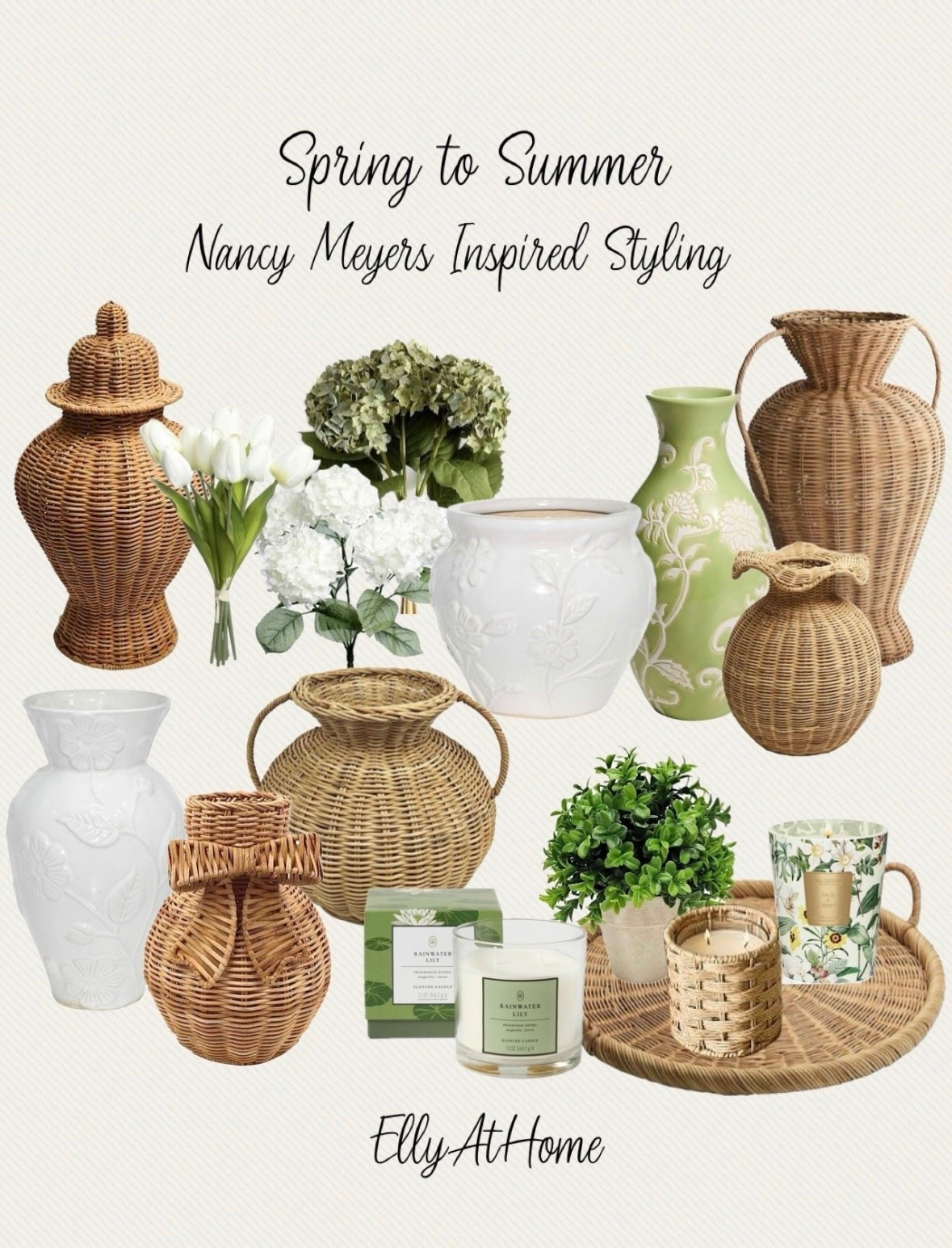 Spring to summer classic, Nancy Meyers inspired decor, rattan vases, trays, florals, candles, pretty ceramic vases, planters. Shop your favorites soon! 

#LTKHome #LTKMothersDay #LTKSaleAlert