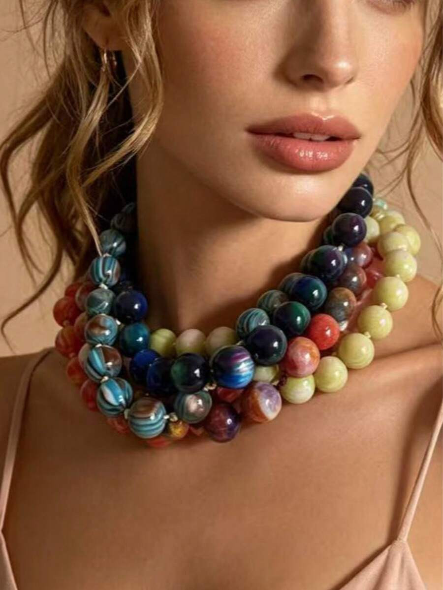 1pc Bohemian Vintage Resin Beaded Necklace, Colorful Commuter Accessory For Women | SHEIN