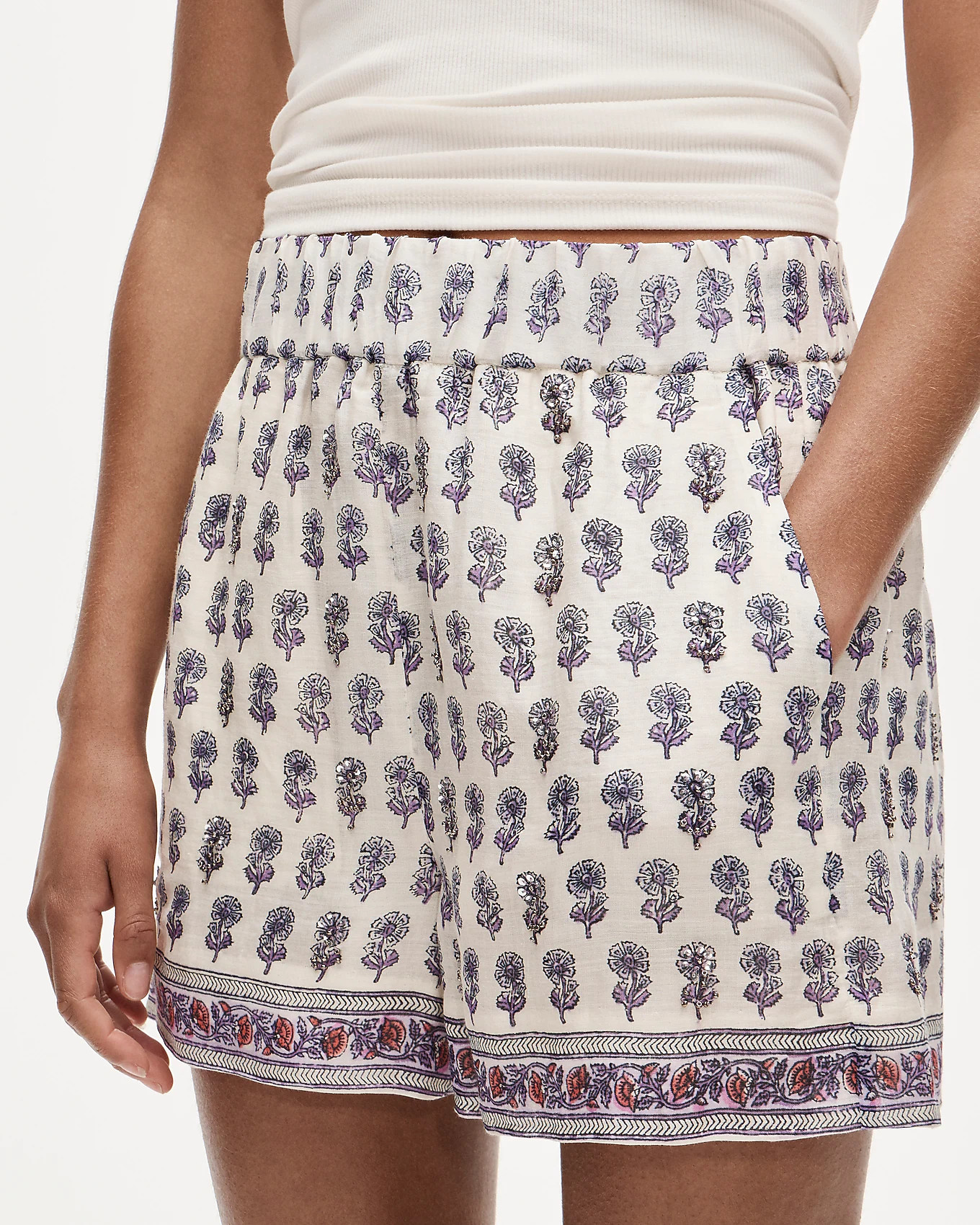 Embellished Tropez short in lilac block-print ramie | J. Crew US