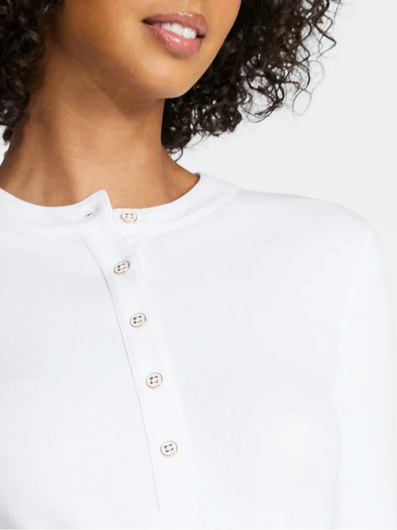 Time and Tru Women's Ribbed Henley with Long Sleeves, Sizes XS-XXXL | Walmart (US)