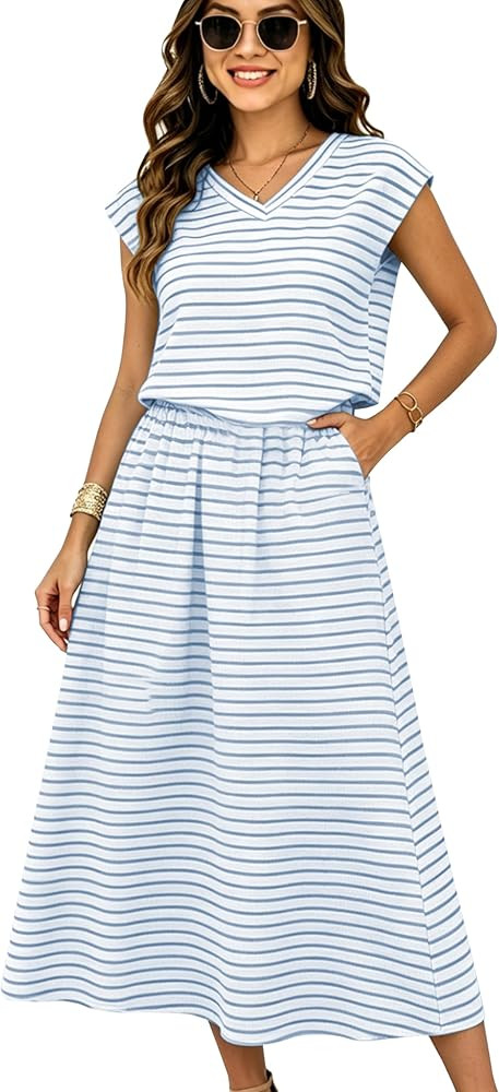 HangNiFang Striped Two Piece Maxi Skirt Set for Women V Neck Cap Sleeve Summer Dress Set Outfits ... | Amazon (US)