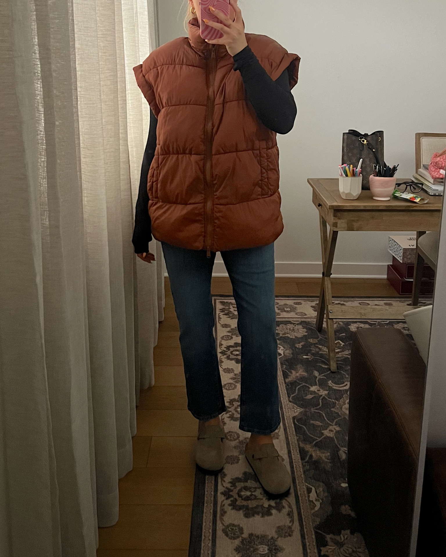 Free people vest: M tts - you can size down if you want but I love the loose oversized fit! Jeans tts 29 they’re super stretchy and soft I like the straight leg with a tiny kick out flair. Long sleeve shirt is really flattering size L I went up one size! Birks run tts I am a 7.5/8 and wear the 39 

#LTKstyletip #LTKshoecrush