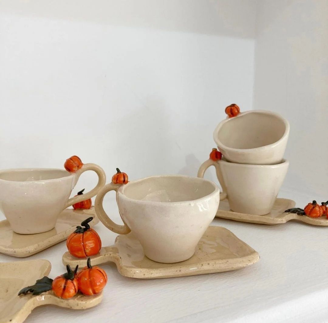 Handmade Pumpkin Ceramic Cup and Saucer - Etsy | Etsy (US)