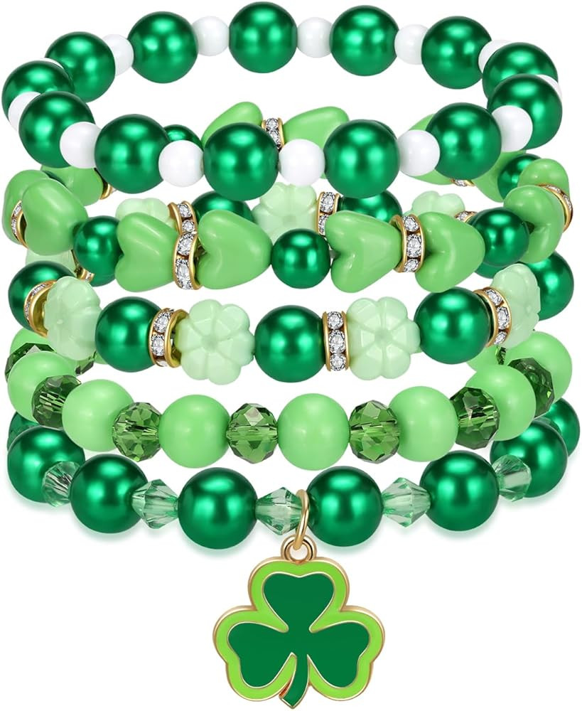 NextArt St. Patrick’s Day Bracelets for Women,Lucky Leaf Shamrock Charm Beaded Stackable Stretc... | Amazon (US)