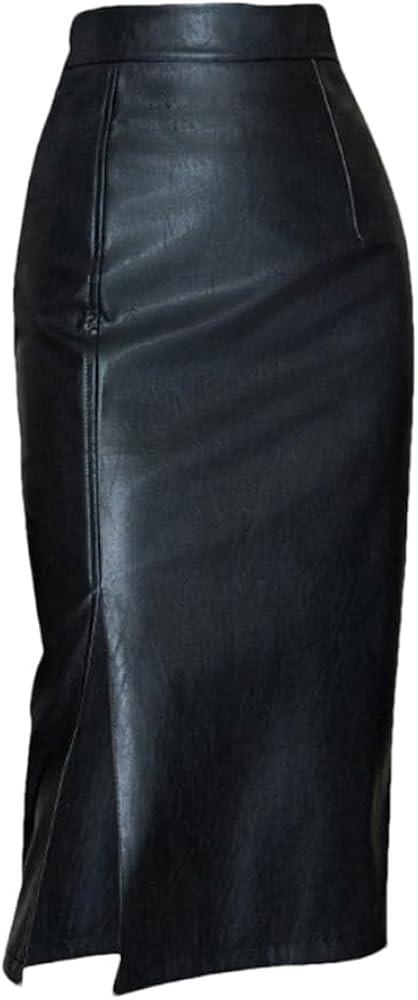 Women Solid Slim Pu Skirts High Waist Wrap Hip Straight Skirts Office Split Black Midi Skirts | Amazon (US)