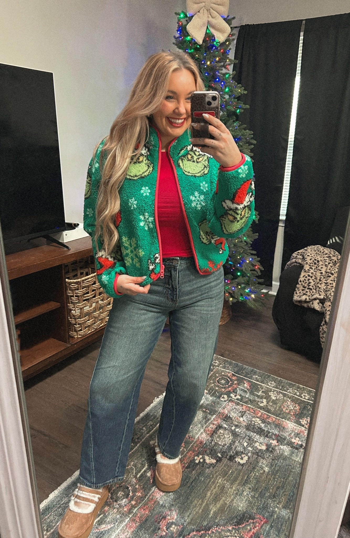 Cutest Grinch Fleece Jacket! Wearing a size medium! 

#LTKSeasonal #LTKMidsize #LTKHoliday