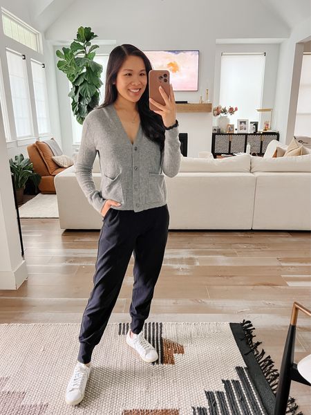 Athleisure outfit with a cashmere cardigan and super high rise align joggers. Love the material and stretch on this. I wore these leggings during pregnancy and sized up to make them maternity friendly! Wearing size 4 and they’ve been great postpartum  

#LTKstyletip