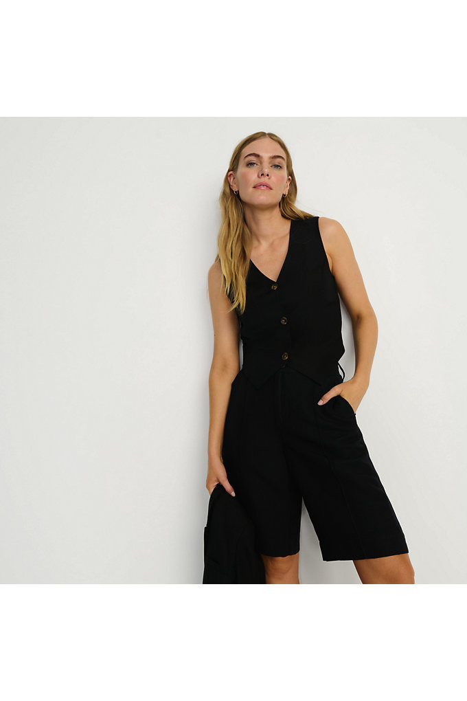 Women's Linen Blend High Rise Pintuck 12" Bermuda Shorts - Lands' End - Black - 12 | Lands' End (US)