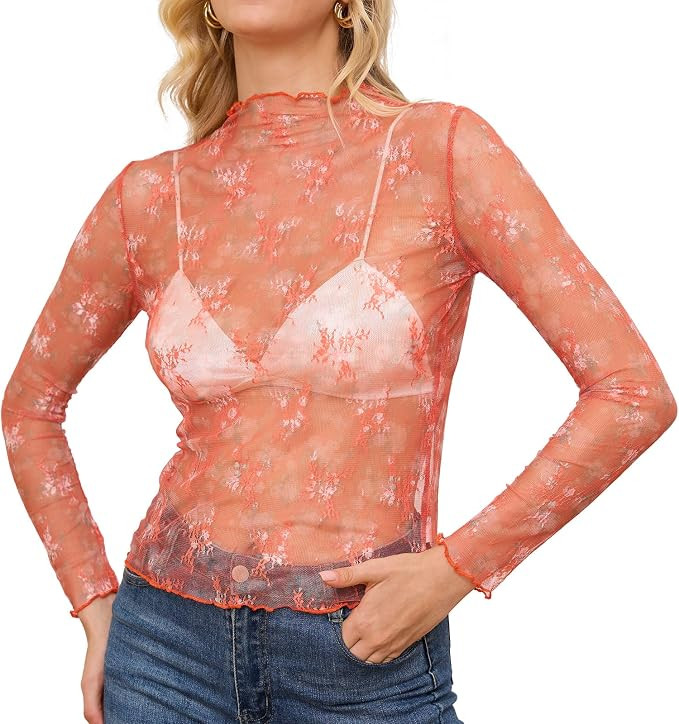 XZQTIVE Womens Mesh Long Sleeve Top See Through Mock Neck Party Club Night Floral Lace Layering T... | Amazon (US)