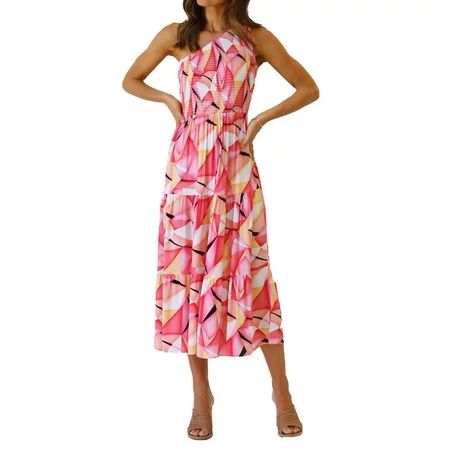 Canrulo Women Summer One Shoulder Sleeveless Boho Maxi Dress Casual High Waist A Line Tiered Midi Be | Walmart (US)