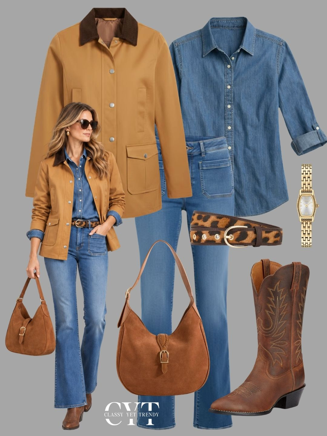 4 Fall looks with a chambray shirt 🍂 Happy Monday! #jacketstyle #autumnfashion #dailystyle #sweaterweather #denimstyle fair isle, barn jacket, western boots, ballet flats, wide leg jeans, patch pocket, leopard, suede, sweater, chocolate brown 

 