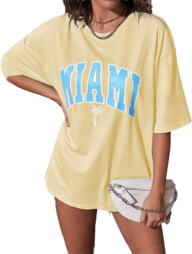 Verdusa Women's Loose Drop Shoulder Tree Miami Letter Graphic Oversized Longline Tee Shirt Tops | Amazon (US)