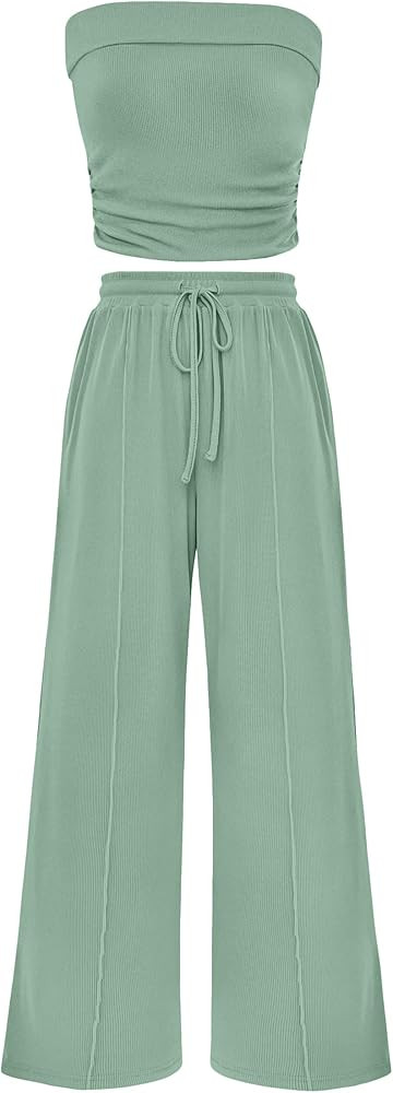 PRETTYGARDEN Womens Summer Outfits 2 Piece Sets Casual Ribbed Knit Crop Tube Top Wide Leg Pants S... | Amazon (US)