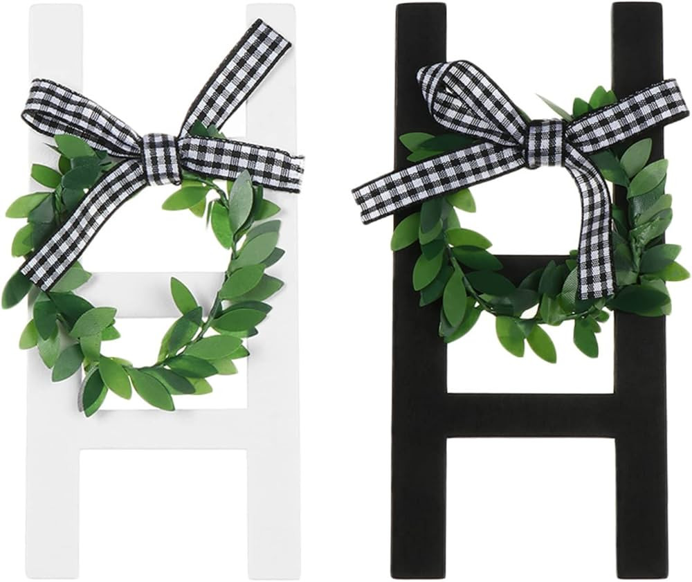 HomeSoGood 2pcs Wooden Ladder Tiered Tray Decoration, Mini Black White Farmhouse Ladder with Wrea... | Amazon (US)