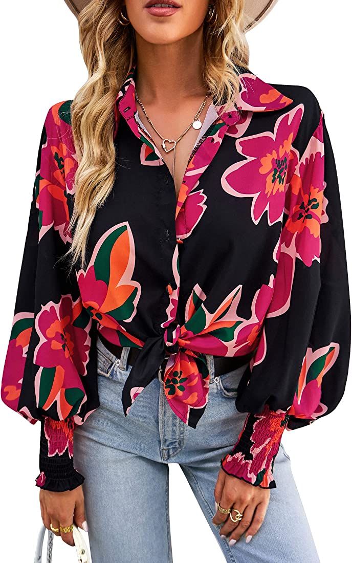 KAYWIDE Women's Fashion Casual Button Down Shirts Long Sleeve V Neck Chiffon Blouses Tropical Flo... | Amazon (US)