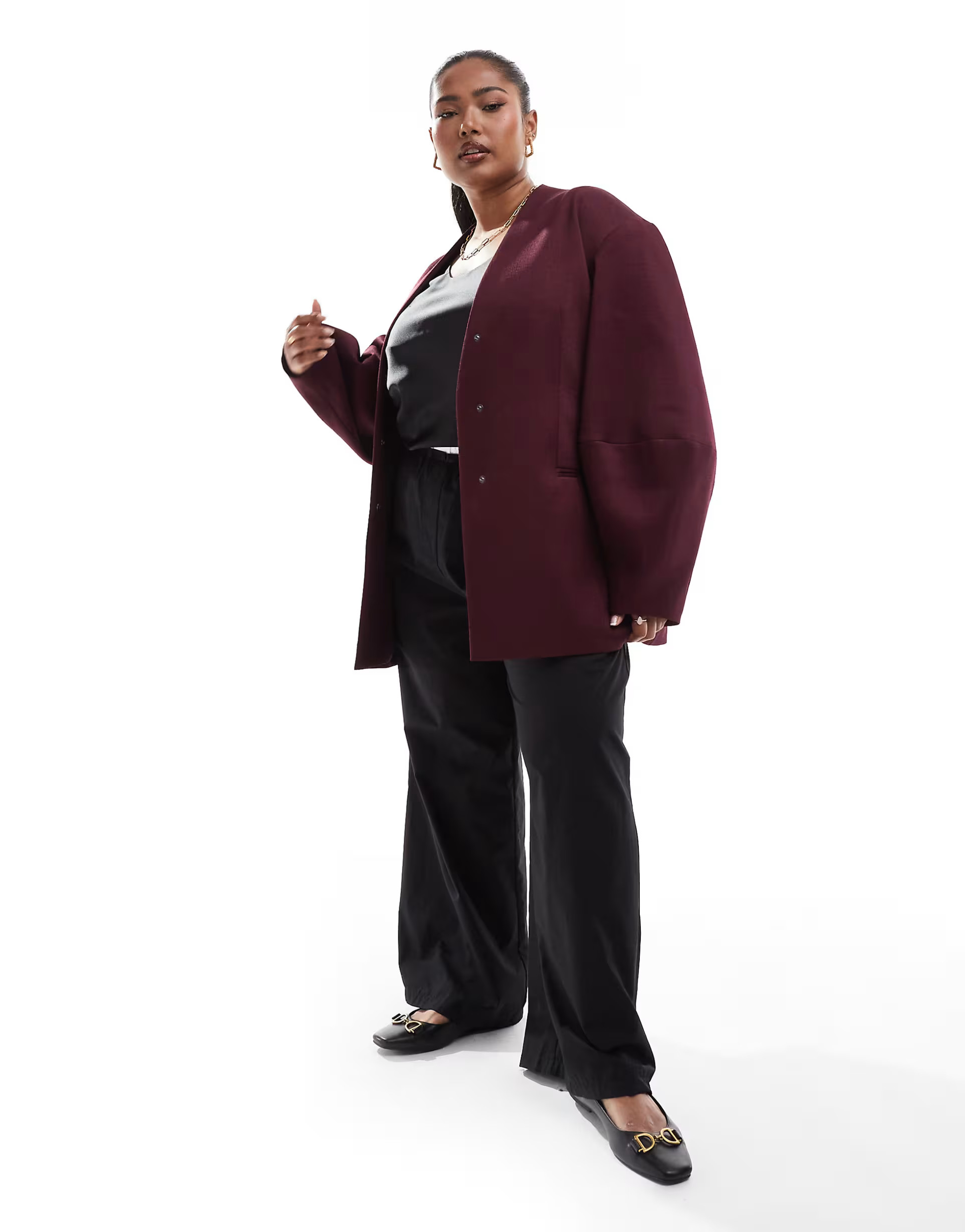 ASOS DESIGN Curve cocoon sleeve collarless blazer in burgundy | ASOS (Global)