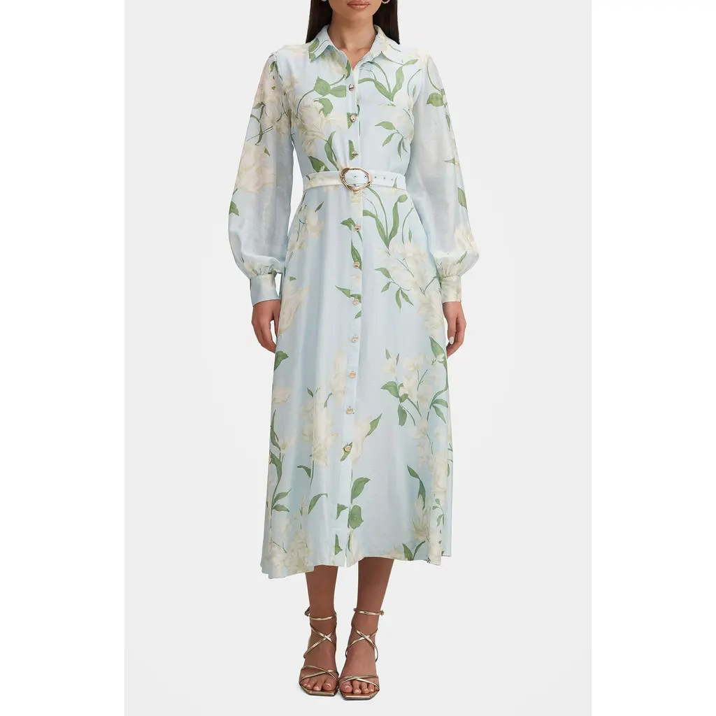 Ever New Freya Floral Belted Button-Up Midi Shirtdress in Blue Arna Floral at Nordstrom, Size 2 | Nordstrom
