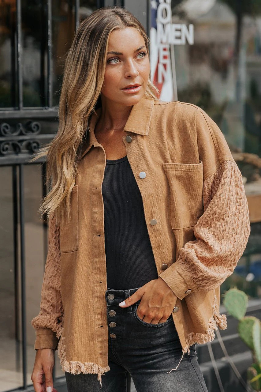 Savannah Camel Washed Cable Knit Sleeve Twill Shacket | Magnolia Boutique