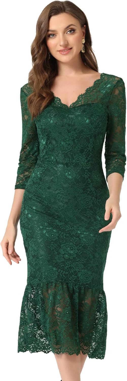 Allegra K Women's Elegant Floral Lace Dresses V Neck 3/4 Sleeve Cocktail Mermaid Bodycon Dress | Amazon (US)