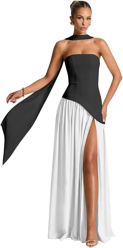 Strapless Formal Dresses 2026 for Women with Scarf Chiffon Halter Pleated A-Line Long Bridesmaid Dresses with Slit | Amazon (US)