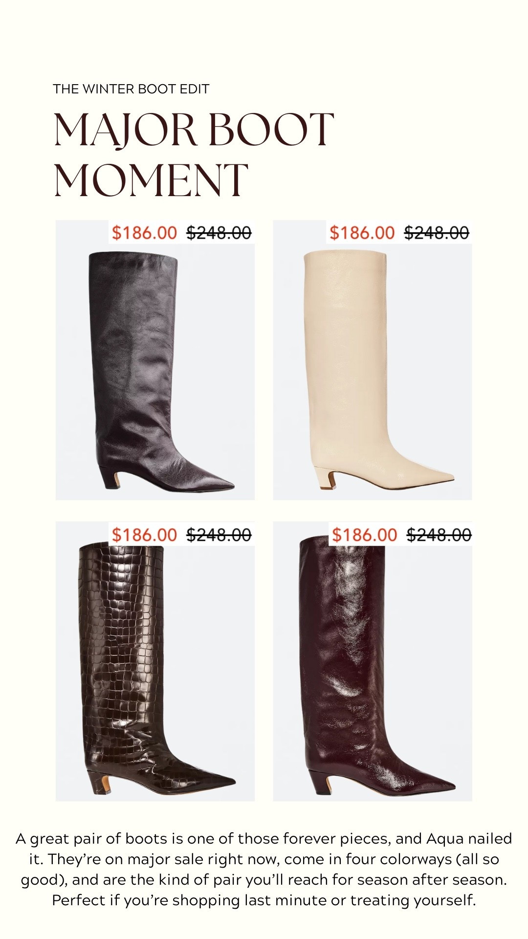 If your closet is missing a go-to pair of boots, this is your sign. Aqua’s boots are on major sale, available in four beautiful colorways, and instantly elevate any outfit

#LTKSeasonal #LTKSaleAlert
