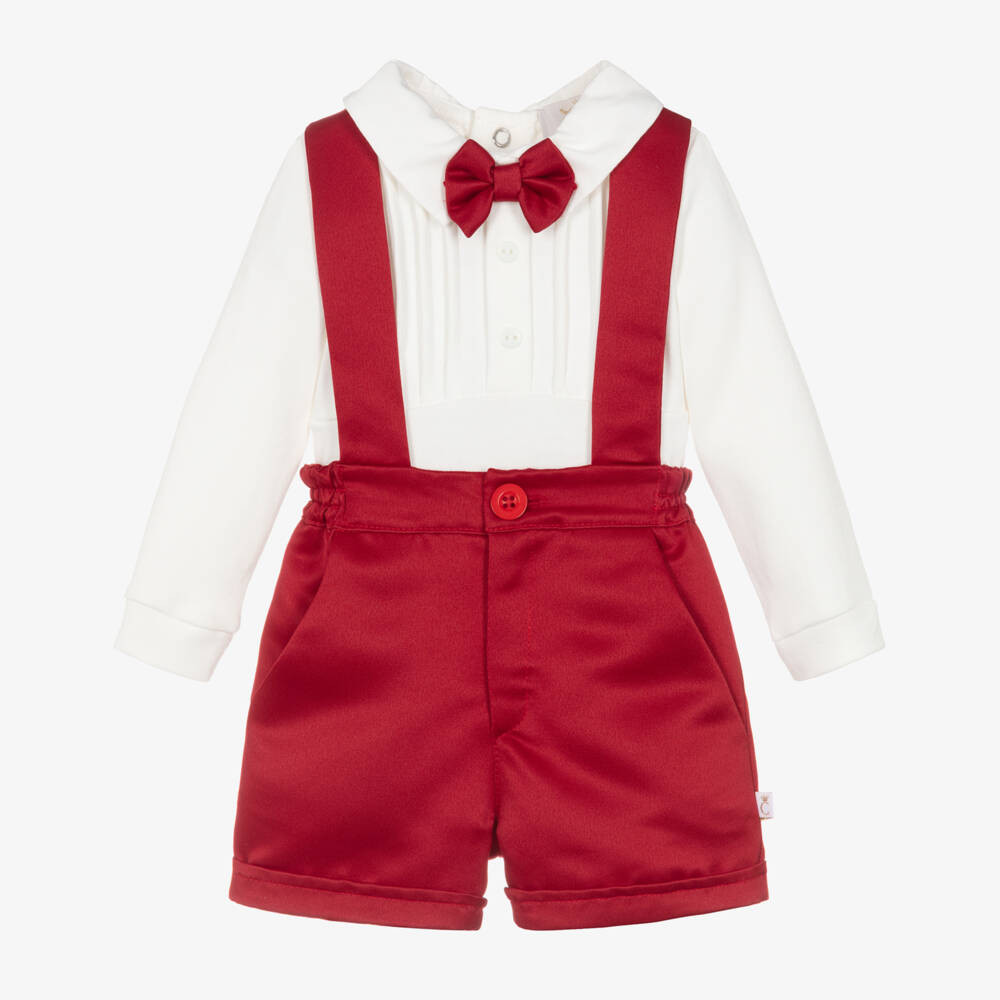 Baby Boys Red & White Bow Tie Cotton Shorts Set | Childrensalon