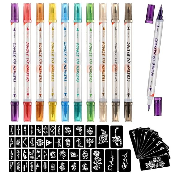HAWINK Temporary Tattoo Markers for Skin, 10 Body Markers + 56 Large Tattoo Stencils for Kids and... | Amazon (US)