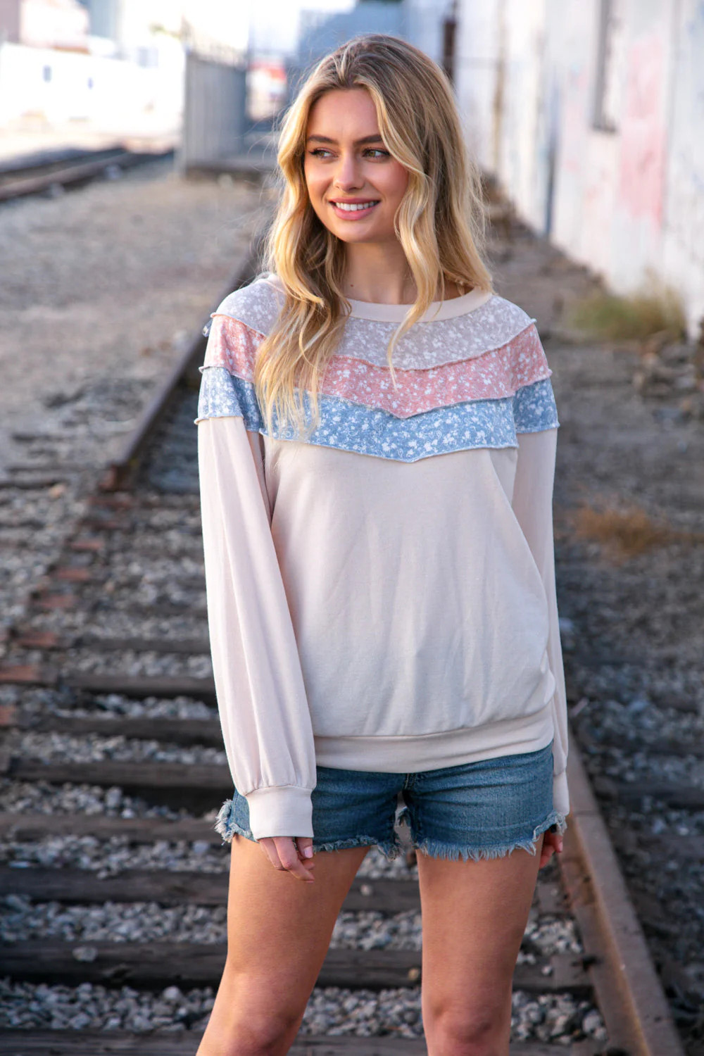 Taupe & Sky Blue Thermal Knit Out Seam Stitch Pullover | Casual Chic Boutique