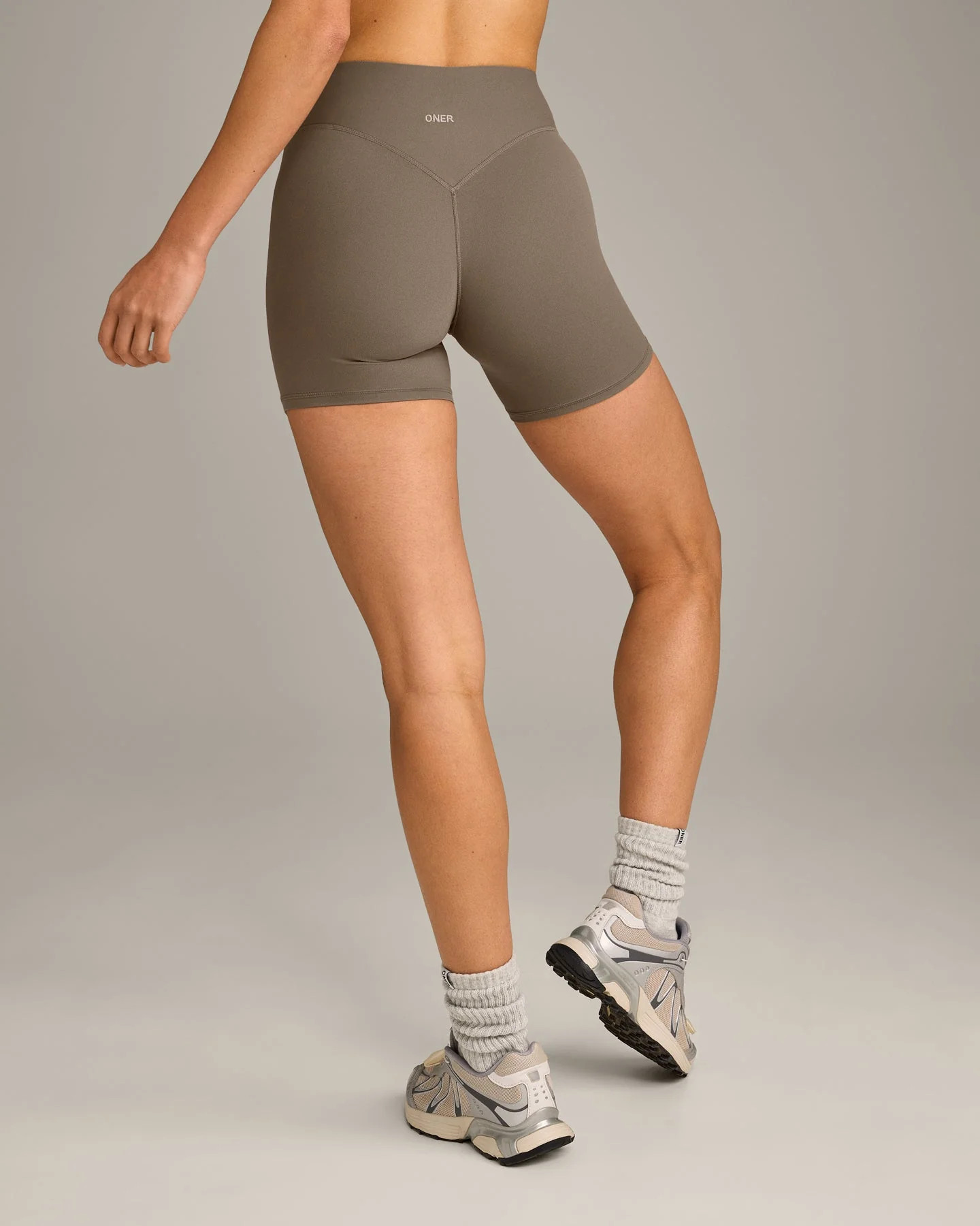 SoftMotion™ High Waisted Shorts 6" with Gray Logo 
 Moss Brown | Oner Active (UK / US)