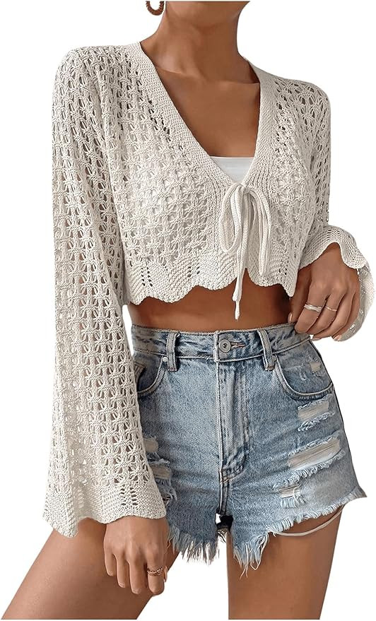 WDIRARA Women's V Neck Tie Front Scallop Trim Bell Long Sleeve Cardigan Knit Crochet Crop Top | Amazon (US)