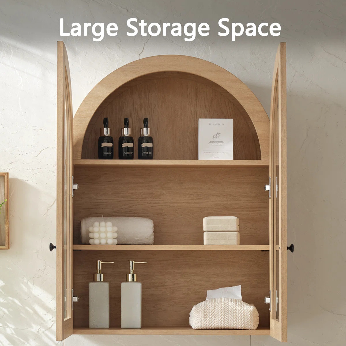 Modern Arched Cabinet Wall Mount with Adjustable Shelf & Glass Doors, Natural Oak | Wayfair North America
