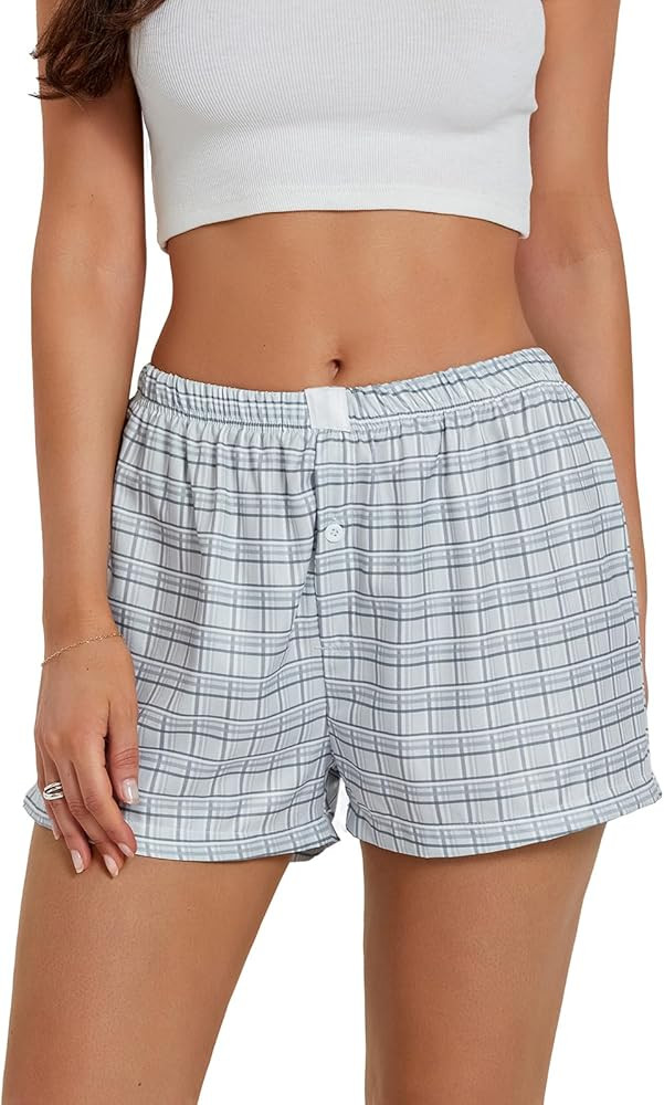 Women's Y2K Lounge Shorts Cute Soft Elastic Low Waist Plaid Print Button Front Pajama Bottoms Box... | Amazon (US)