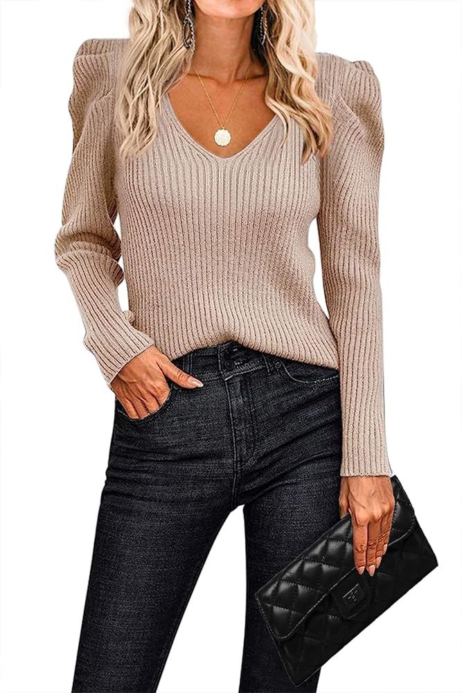 Zeagoo Fall Sweaters for Women 2024 Casual Long Sleeve Shirts V Neck Pullover Puff Slim Fit Tops | Amazon (US)