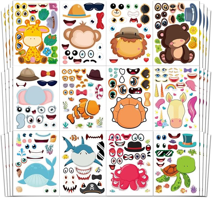 Aowplc 48 Sheets Make-a-Face Animal Stickers Mix and Match for Kids Party Favors Supplies Activit... | Amazon (US)
