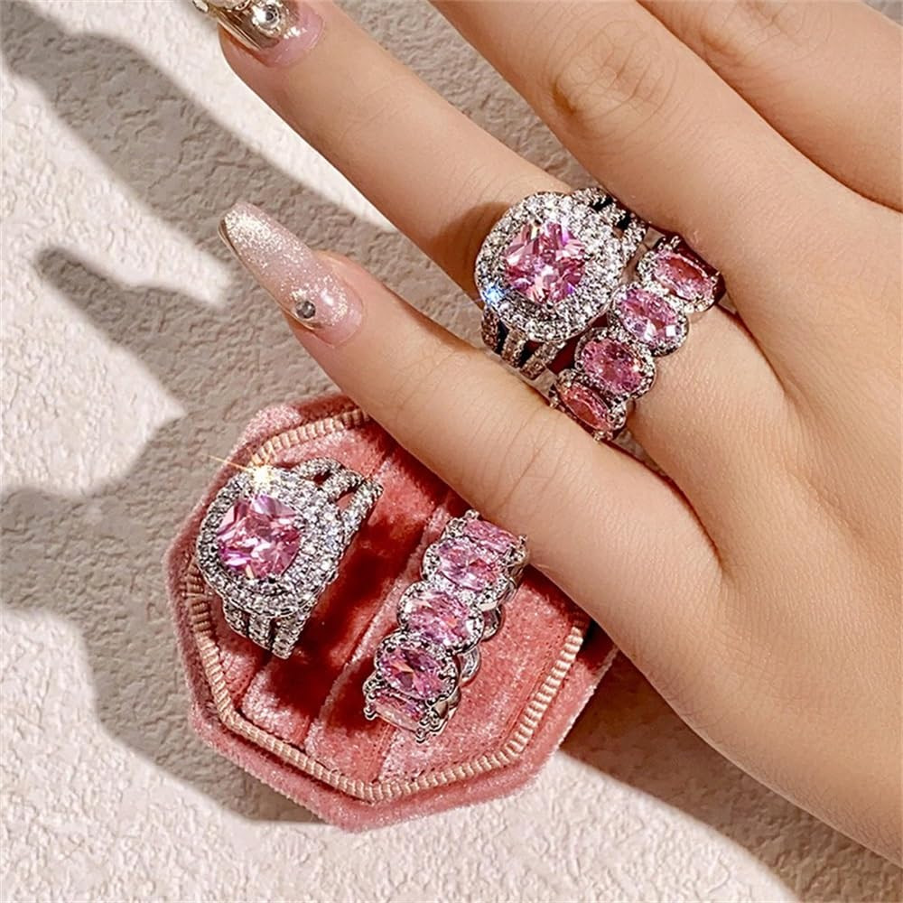 925 Sterling Silver Shiny Full Diamond Gemstone Ring 2Pcs 18K Gold Pink Cubic Zirconia Promise Ri... | Amazon (US)