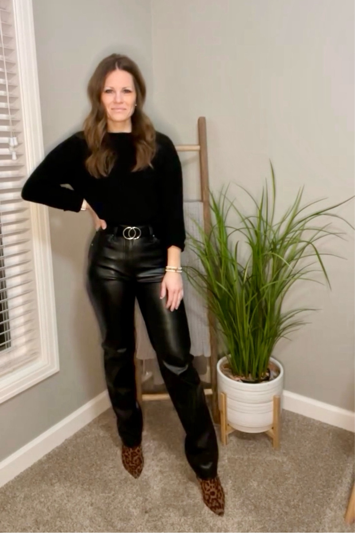 Straight leg leather pants from Target. TTS. 
Linked similar items for the sweater & shoes. 

#LTKworkwear #LTKstyletip #LTKfindsunder50