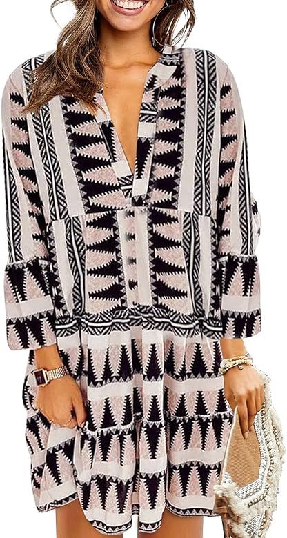 Dokotoo Women Dress Fashion Leopard Printed Ruffle V Neck Flared Long Sleeve Swing Mini Dress Cas... | Amazon (US)