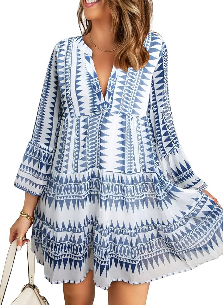 Dokotoo Women's Fashion Dresses V Neck Leopard Floral Print Mini Dress Swing Babydoll Dress Summer A | Amazon (US)