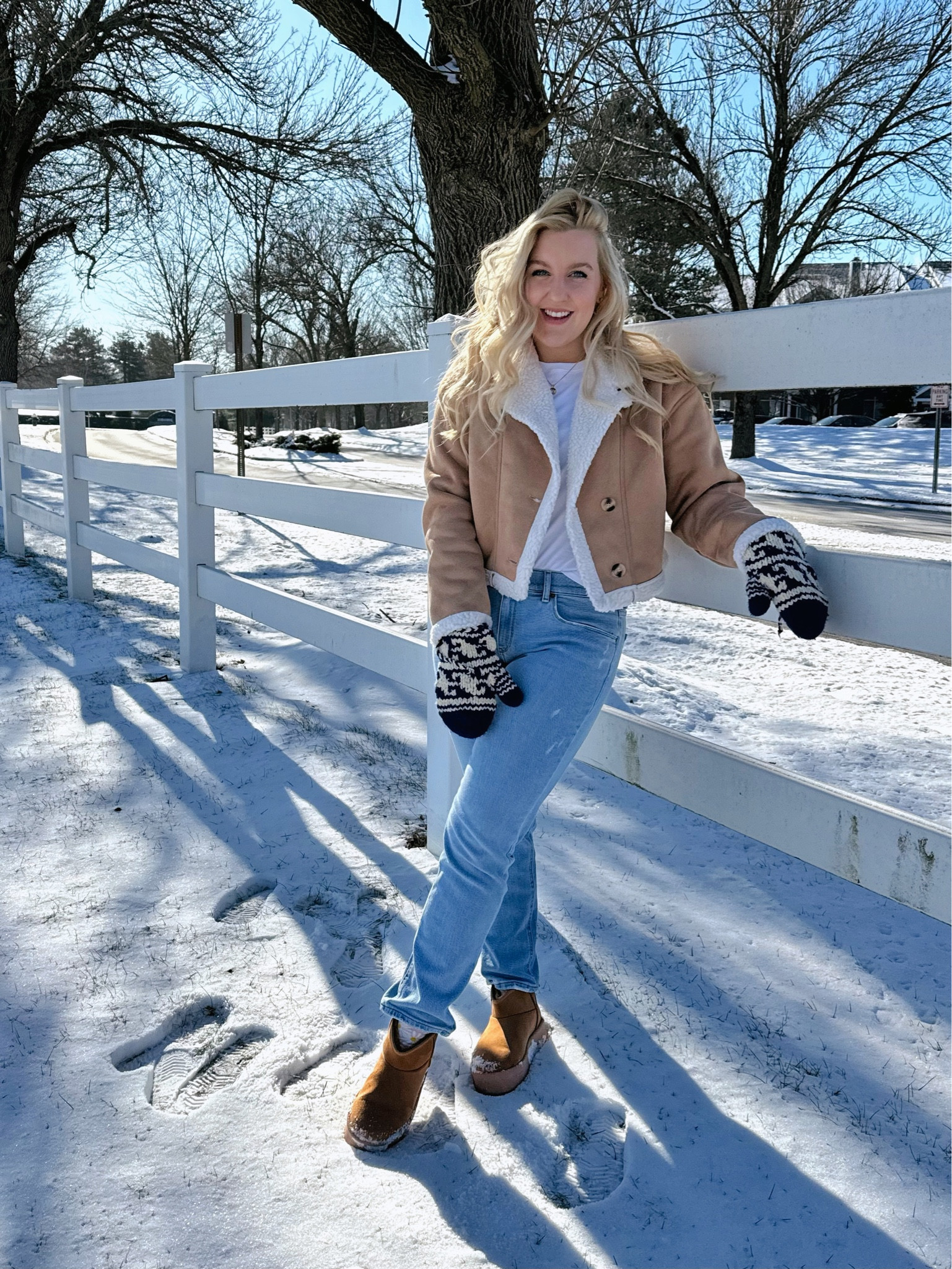 Snowy outfit of the day in my new Mott & Bow Jeans ❄️🤍 

Straight leg Jean, Mott and Bow, Winter outfit, cozy outfit, snow day outfit, light wash jeans, platform Uggs, preppy outfit, classic outfit, white cropped tee, handmade mittens 

#LTKMostLoved #LTKSeasonal #LTKstyletip