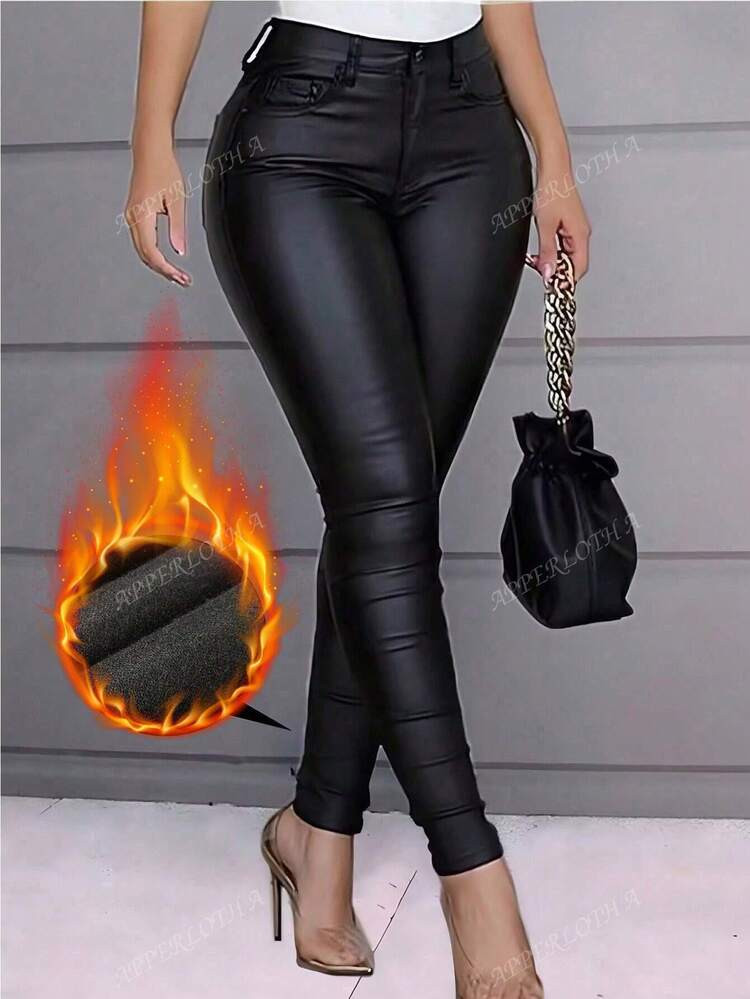 Apperloth A High Waist Thermal Lined PU Leather Skinny Cropped Pants | SHEIN