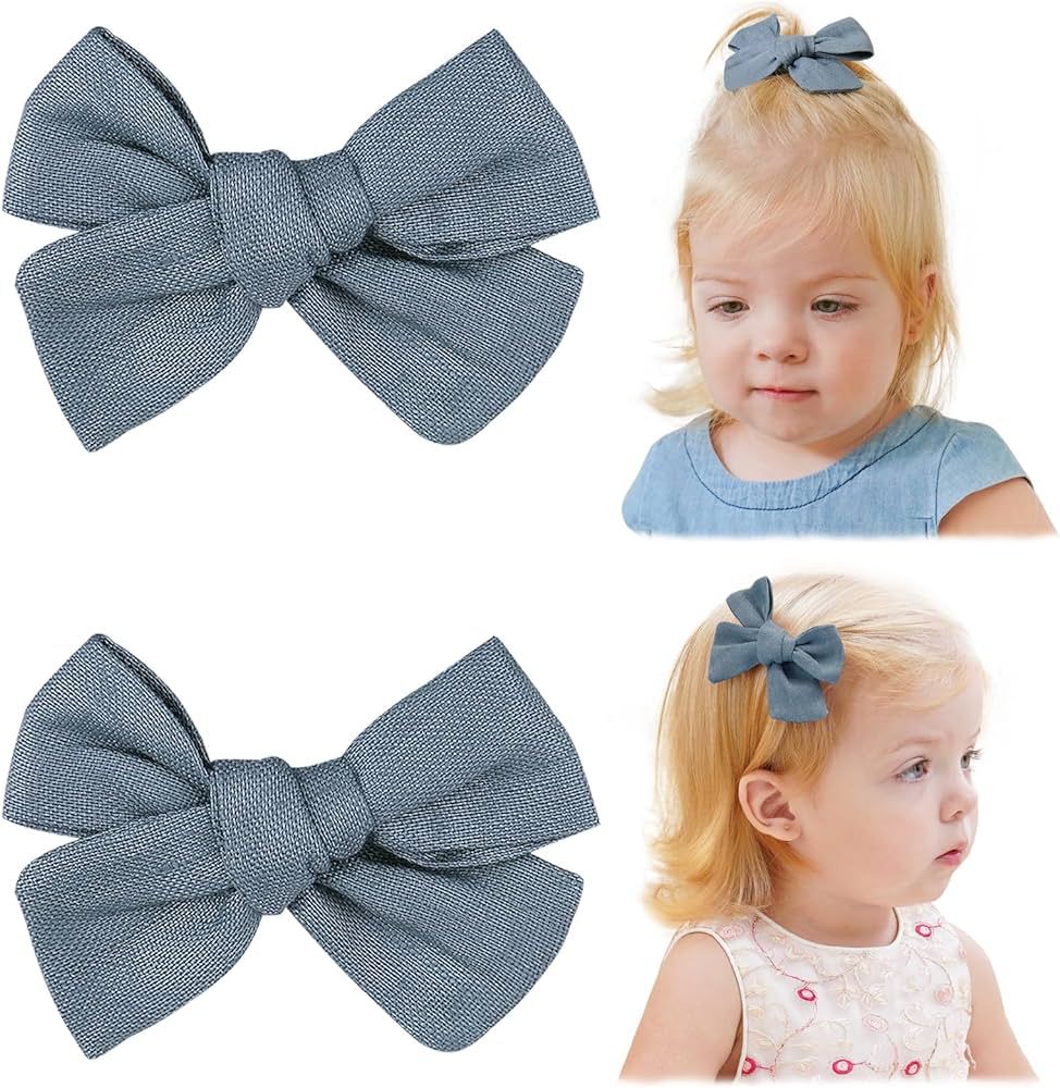 Jollybows 2pcs 3.2" Hair Bows Clips for Baby Girl Toddler Pigtail Bows Neutral Linen Hair Clip Bo... | Amazon (US)