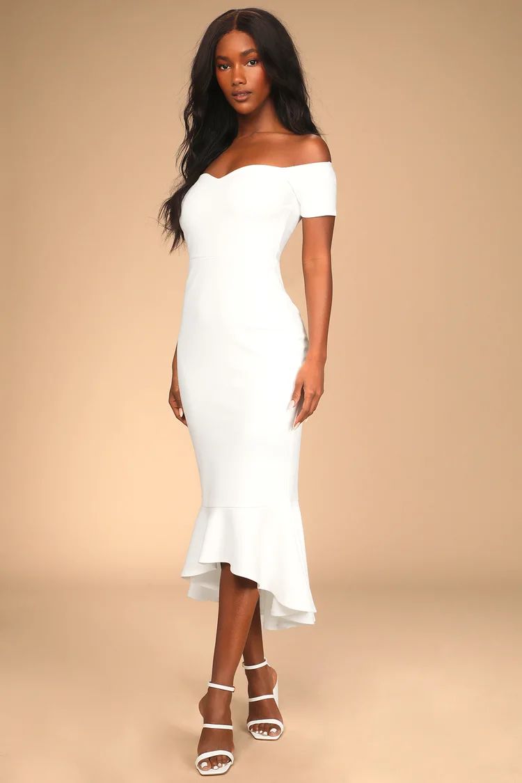 How Much I Care Ivory Off-the-Shoulder Midi Dress | Lulus