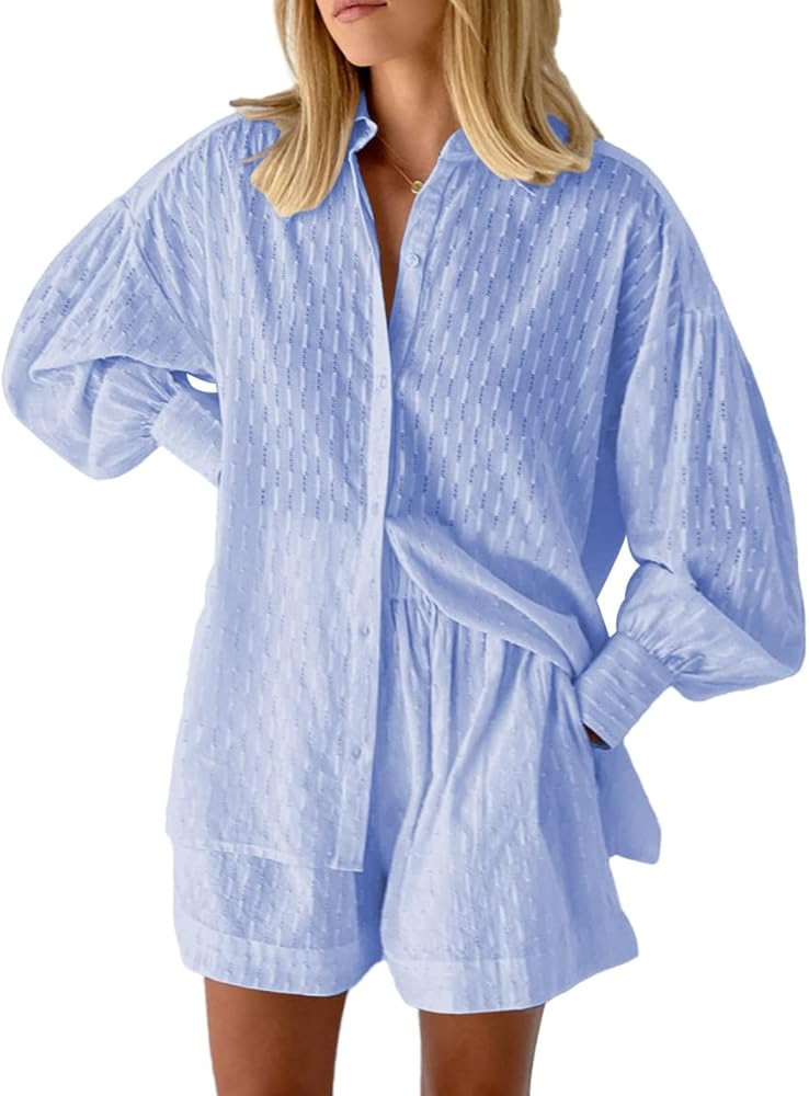 Meenew Women's 2 Piece Outfits Long Sleeve Button Down Shirts and Shorts Set Casual Lounge Set Sw... | Amazon (US)