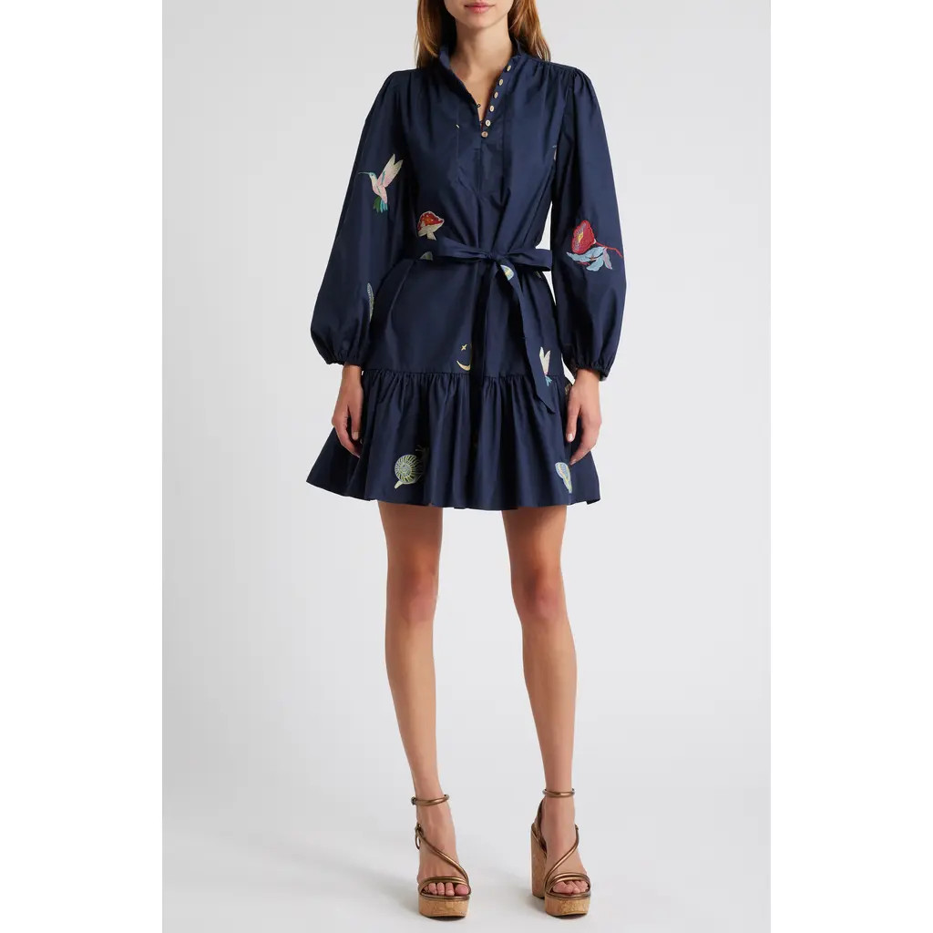 CIEBON Savannah Embroidered Long Sleeve Cotton Dress in Navy at Nordstrom, Size Large | Nordstrom