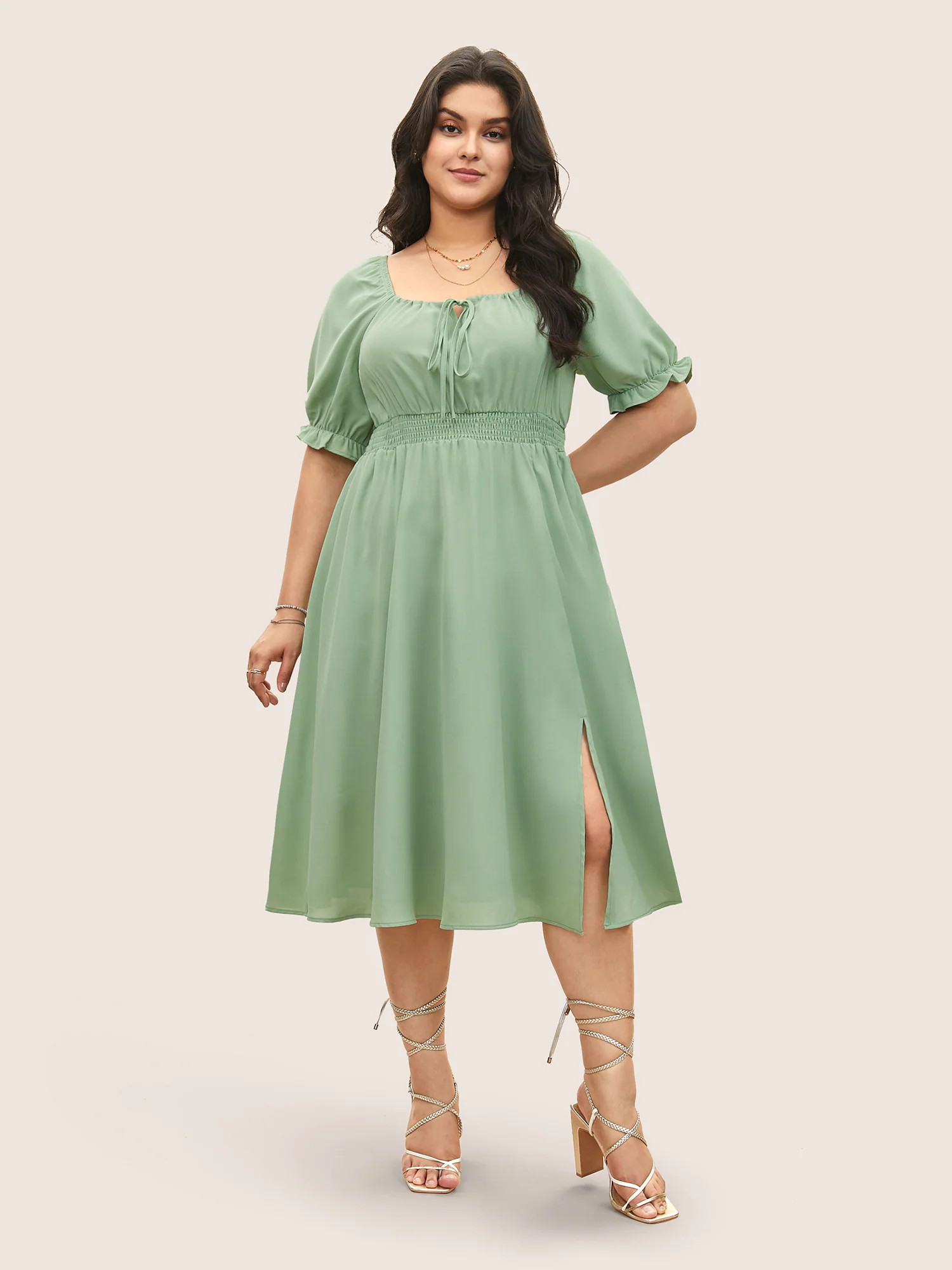 Plain Shirred Knot Neck Gathered Slit Hem Dress | Bloomchic